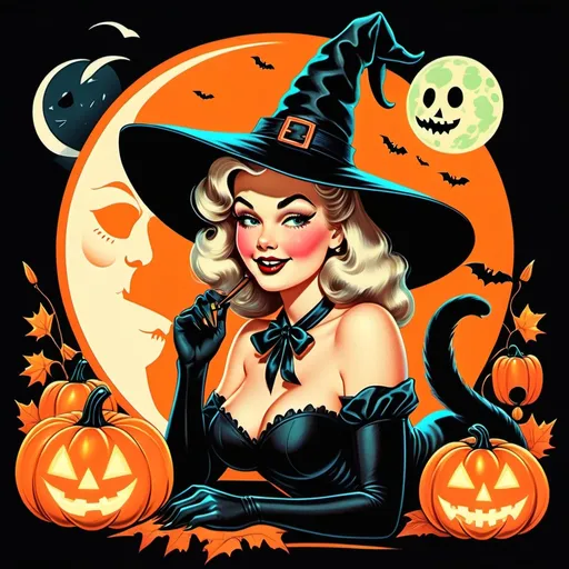 Prompt: Pin up witch
Neon colors
Halloween
Cute vintage clip art
Full moon
Black cat
Pumpkin 
Ghost