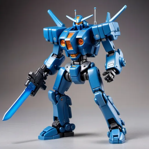 Prompt: An action figure of a blue mecha holding a sword in his right hand. A machine gun comes out of his left fore arm