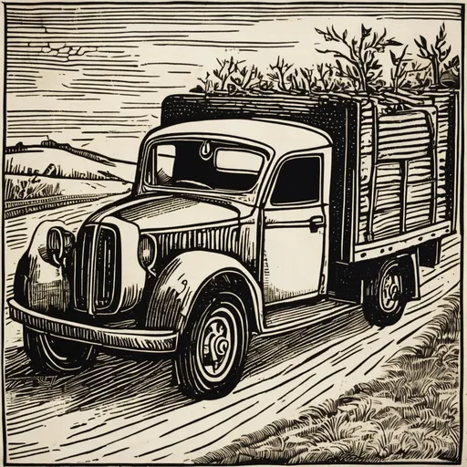 Prompt: A medieval woodcut of a pickup truck