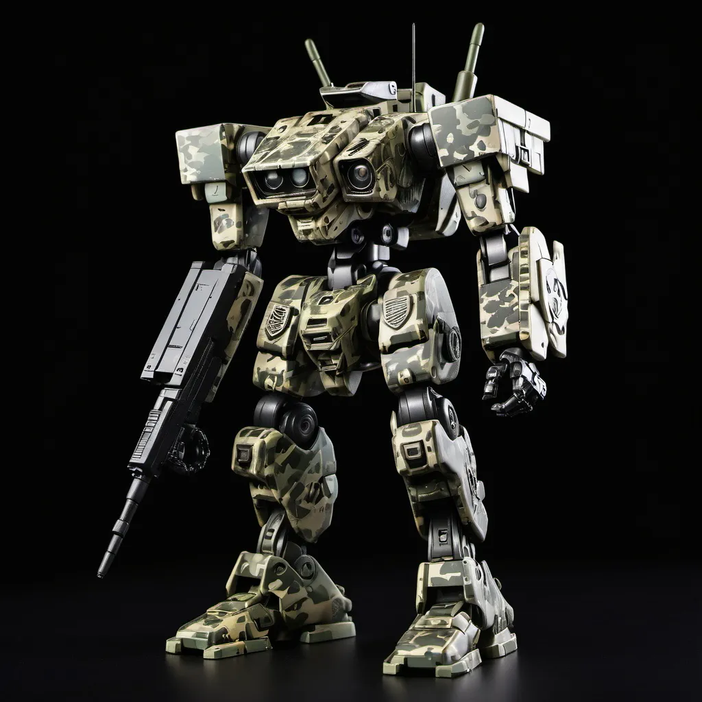 Prompt: Camo Mecha with United State Army markings. Black background.