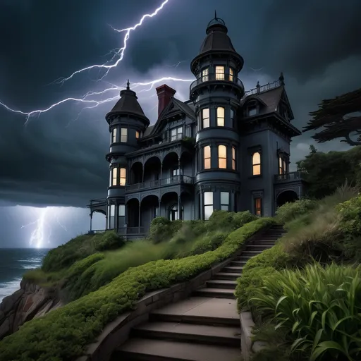 Prompt: A grand Second Empire Victorian Mansion sits back on a cliff overlooking the ocean. The Mansion's tower of windows makes it appear as a four-story building. The sky is dark and forbidding, with lightning striking the sea. The raging sea is a sight to behold as the storm approaches inland. The overgrown grass makes it hard to see the walkway to the Mansion, and the bare trees add to the ominous atmosphere surrounding the Mansion. The gardens have been left untouched for many years, resulting in an overgrown appearance. The Mansion looks dark and forbidding, with a haunted atmosphere encompassing the surroundings. The Mansion's exterior is painted in a dark color, adding to the ominous atmosphere. The Mansion's windows are dark and foreboding, with no light shining through them. The Mansion's tower is the tallest part of the building, and it looks like it's reaching for the sky. The Mansion's tower is lit up by the lightning, making it look like it's glowing. The Mansion's tower is the only part of the building that has any light shining through it.