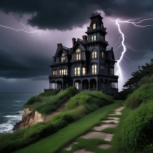 Prompt: A grand Second Empire Victorian Mansion sits atop a cliff overlooking the ocean. The Mansion's tower of windows makes it appear as a four-story building. The sky is dark and forbidding, with lightning striking the sea. The raging sea is a sight to behold as the storm approaches inland. The overgrown grass makes it hard to see the walkway to the Mansion, and the bare trees add to the ominous atmosphere surrounding the Mansion. The gardens have been left untouched for many years, resulting in an overgrown appearance. The Mansion looks dark and forbidding, with a haunted atmosphere encompassing the surroundings. The Mansion's exterior is painted in a dark color, adding to the ominous atmosphere. The Mansion's windows are dark and foreboding, with no light shining through them. The Mansion's tower is the tallest part of the building, and it looks like it's reaching for the sky. The Mansion's tower is lit up by the lightning, making it look like it's glowing. The Mansion's tower is the only part of the building that has any light shining through it.