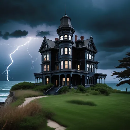 Prompt: Second Empire Victorian Mansion with a tower of windows, making it appear as a four-story building. The Mansion sits back on a cliff overlooking the ocean. The sky is black and forbidding, with lightning striking the sea. The sea is raging as the storm approaches inland. The overgrown grass makes it hard to see the walkway to the Mansion, and bare trees add to the ominous atmosphere surrounding the Mansion. The gardens have been left untouched for many years, resulting in an overgrown appearance. The Mansion looks dark and forbidding, with a haunted atmosphere encompassing the surroundings.