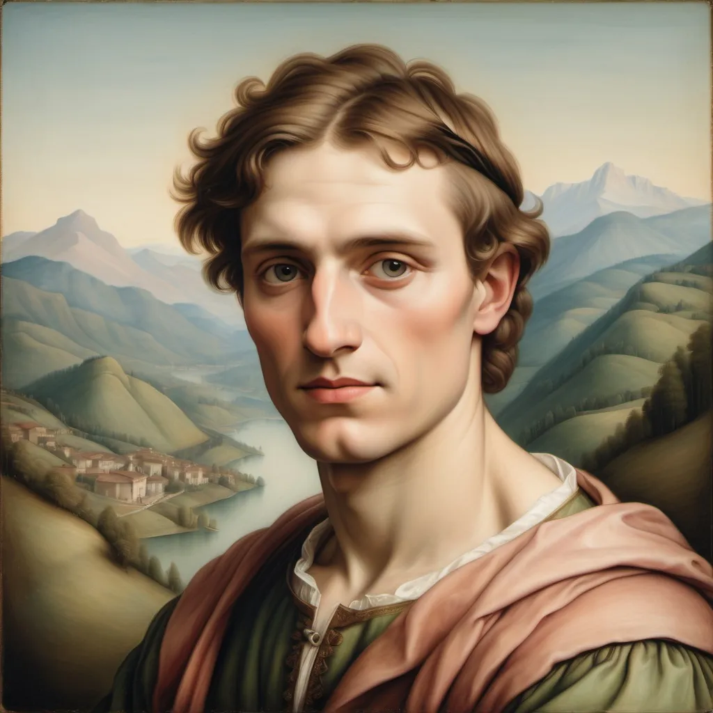 Prompt: A painted portrait of a clean shaven man with a baby-like face in the style of Italian Renaissance painter Raphael with mountains in the background made with pastels