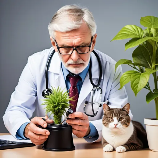 Prompt: One senior Male doctor with his assistant a cat using his statoscope to check a strange-looking plant