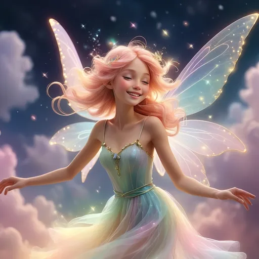 Prompt: (fairy flying, whimsical, joyful giggling, magical aura) (ethereal light, gentle sparkle effects), (soft pastel colors, shimmering trails), (dreamy background with soft clouds, light glimmering), (fantastical atmosphere, playful and enchanting), (4K, ultra-detailed, fantastical scene).