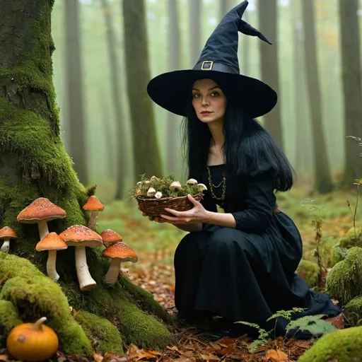 Prompt: A traditional witch in a forest on an autumn day that is overcast picking mushrooms and herbs there is moss on trees