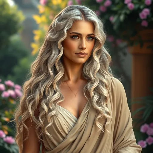 Prompt: (photorealistic), Venus as a woman, full body depiction, (caucasian skin tone), long, flowing light-colored strong curls, gracefully aged 48, (elegant pose), serene expression, intricate details in hair texture, sophisticated clothing with soft drapery, ethereal background featuring lush gardens and soft, warm lighting, creating a tranquil and inviting ambiance, highly detailed, 4K quality.