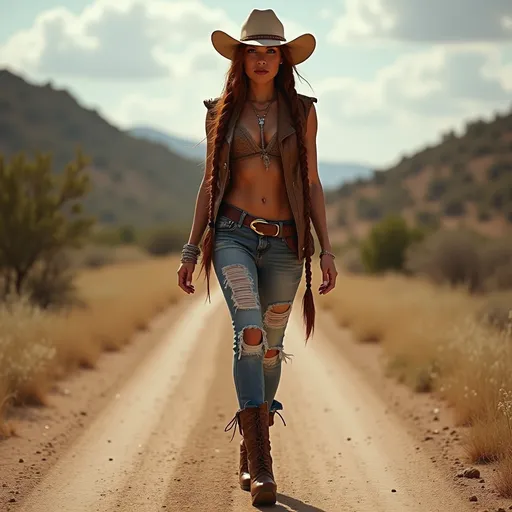 Prompt: Generate a high-quality hi-res 8k hd detailed digital photograph of a Tall gorgeous ultra-muscular 25-year-old native American goddess bodybuilder with a huge busom and ridiculously long auburn bubble braided hair, wearing tight ripped jeans, leather vest, cowboy hat, and 8 inch stiletto thigh-high platform high heel boots walking a dirt road with a flirty expressionon her