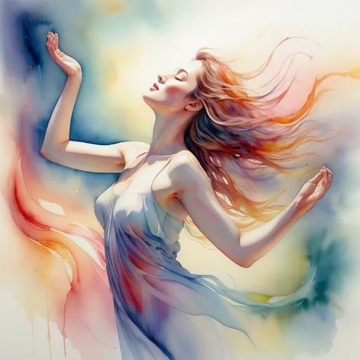 Prompt: (watercolor), waist-up portrayal of a figure expressing pure ecstasy, flowing colors blending harmoniously, soft and vibrant hues creating a dreamlike atmosphere, delicate outlines, ethereal quality, profile view with graceful posture, focusing on the emotion of bliss, high-quality, ultra-detailed, capturing a serene yet passionate essence.