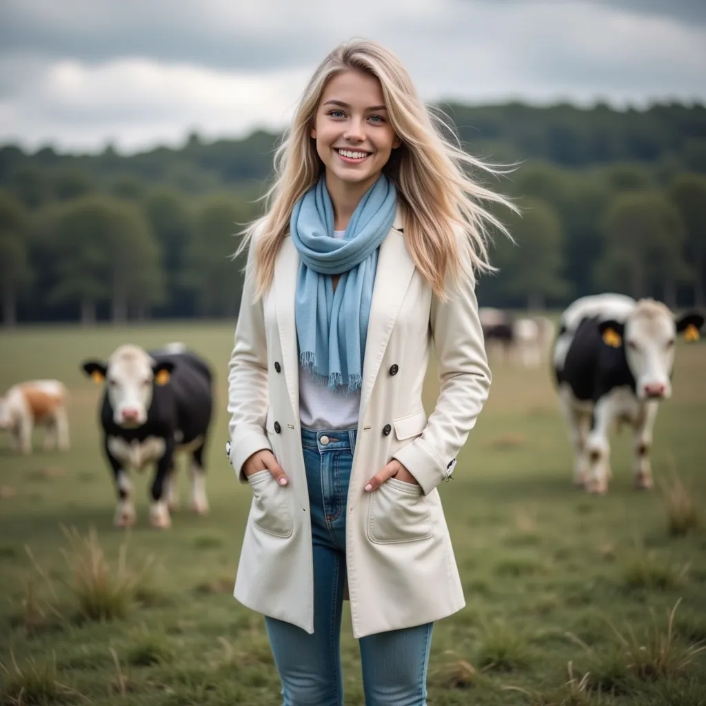 Prompt: Create Ava in North Carolina, (drizzling rain), girl with long hair, wearing a (white coat), (blue scarf), (blue jeans), and (black boots), soft and gentle ambiance, (muted colors), overcast sky with a touch of blue, lush greenery in the background, (ultra-detailed), high-quality image capturing the serene atmosphere, cozy and calm mood. Not so blurry background, and cows in the background