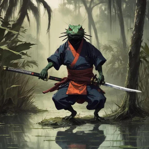 Prompt: A dark skinned Samurai Lizard with Katana in hands running through the swamps of Florida