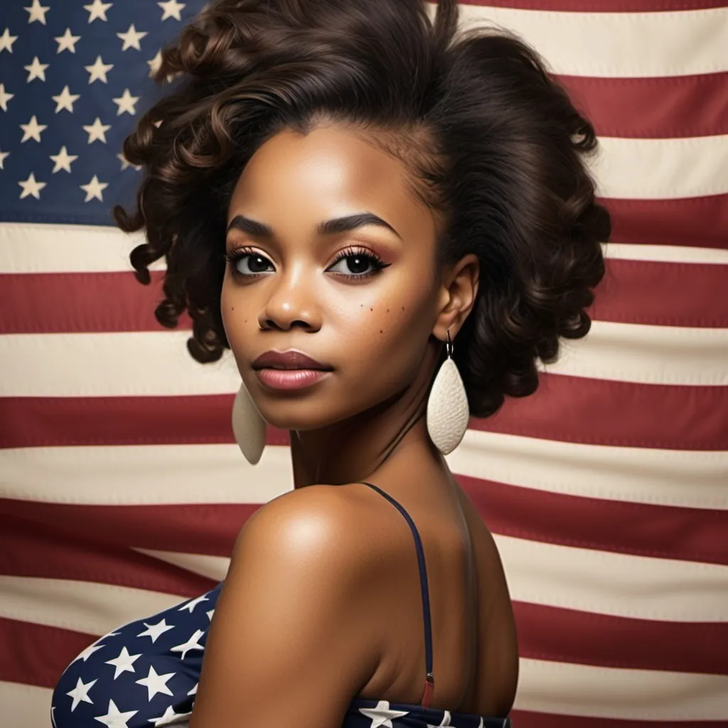 Prompt: Create image of U.S. American Flag with proper number of stars and a real life african american lady