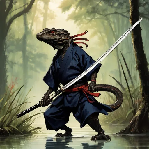 Prompt: A dark skinned Samurai Lizard with Katana in hands running through the swamps of Florida. Have the Katana in front of Samurai lizard with both hands on the katana.