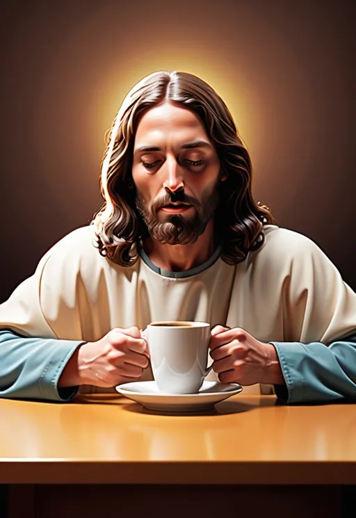 Prompt: Vector art image of Jesus drinking a single cup of coffee at the kitchen table