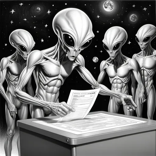 Prompt: Pencil art of extraterrestrial stealing election ballots