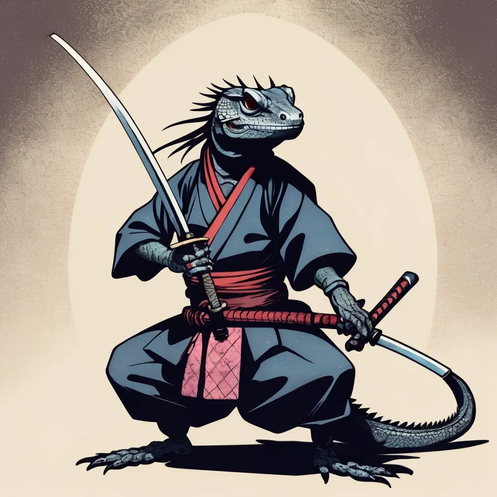 Prompt: A dark skinned Samurai Lizard with Katana in hands.