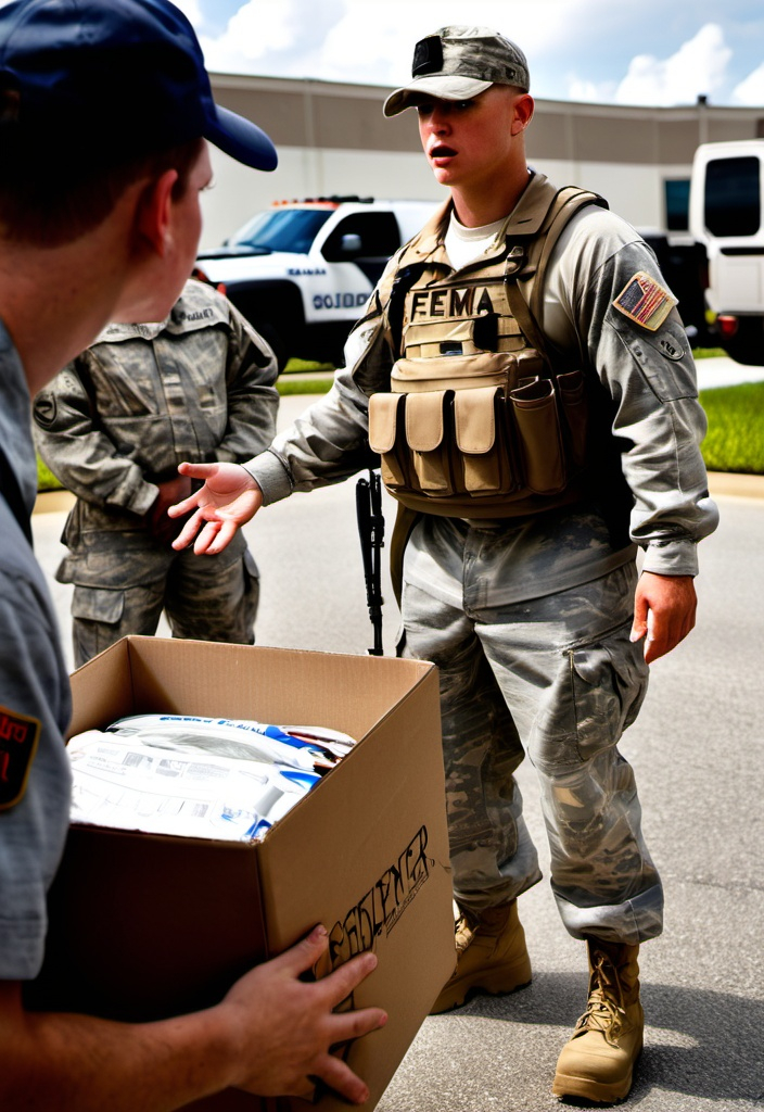 Prompt: U.S. soldier defending natural disaster supplies against FEMA officials.