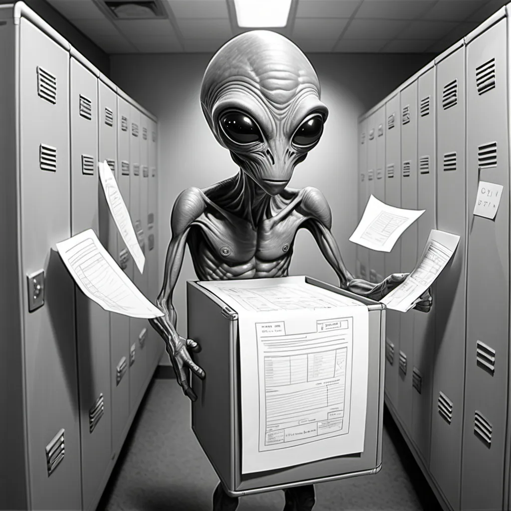 Prompt: Pencil art of extraterrestrial sneaking away with election ballots