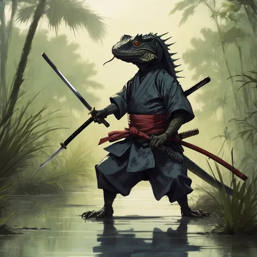 Prompt: A dark skinned Samurai Lizard with Kasa on head and Katana in hand running through the swamps of Florida. Have the Katana in front of Samurai lizard with one hand on the katana.