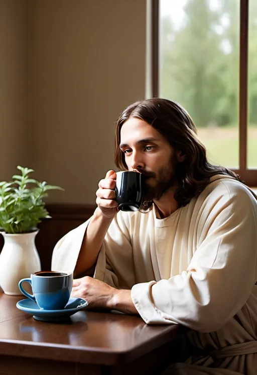 Prompt: Jesus drinking coffee at the kitchen table