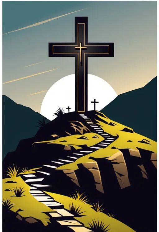 Prompt: A Christian Cross set on the hill of Golgotha in vector art.