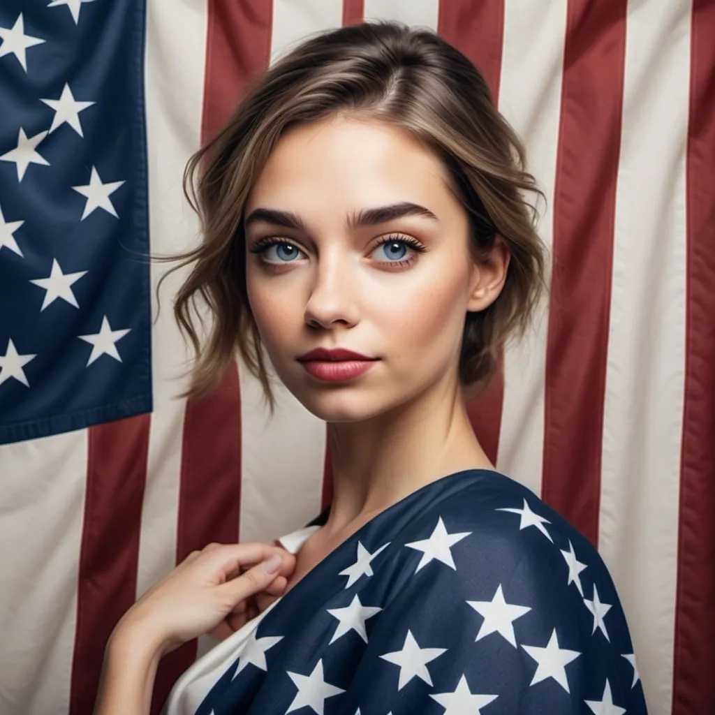 Prompt: Create image of actually U.S. American Flag and a real life lady