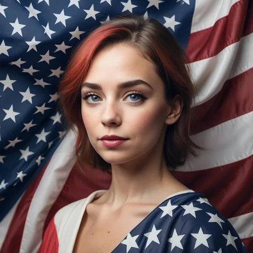 Prompt: Create image of actually U.S. American Flag and a real life lady