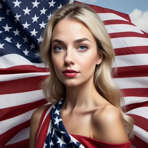 Prompt: Create image of actually U.S. American Flag and a real life lady