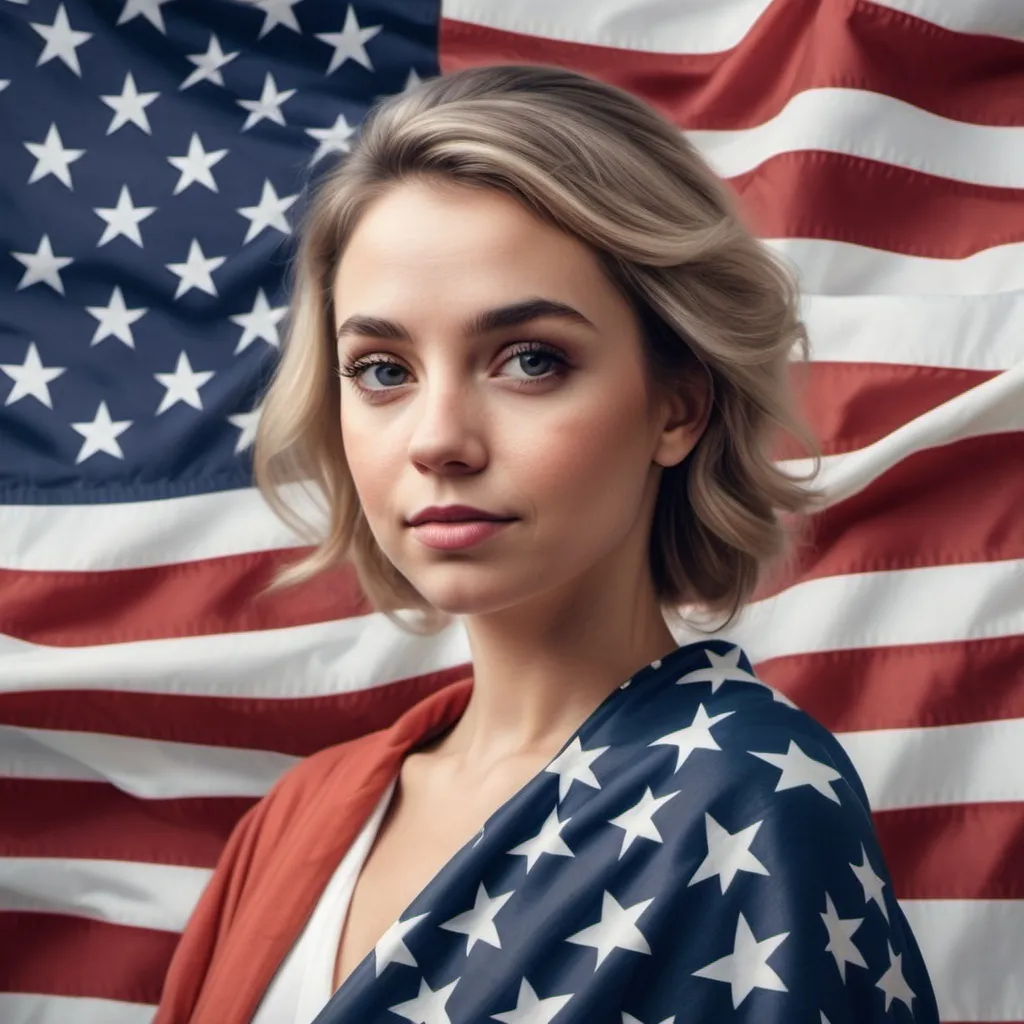 Prompt: Create image of actually U.S. American Flag and a real life lady