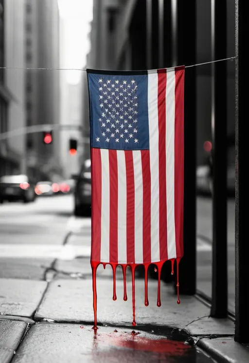 Prompt: U.S. flag dripping red, white, and blue on the street