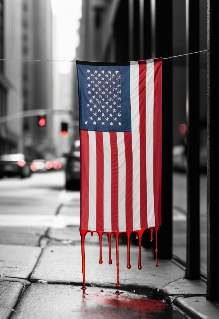 Prompt: U.S. flag dripping red, white, and blue on the street