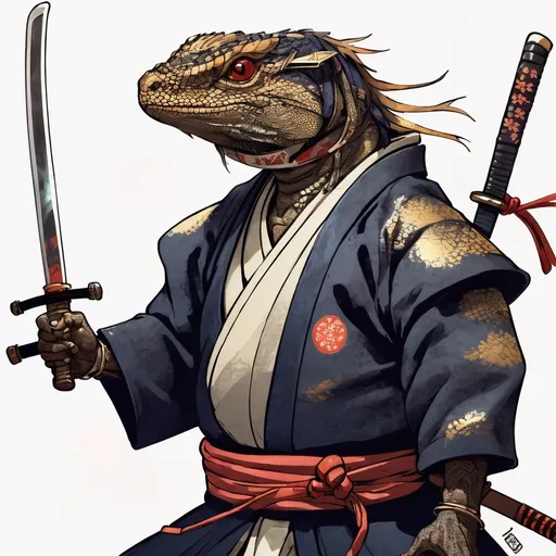 Prompt: A dark skinned Samurai Lizard with Katana in hands.