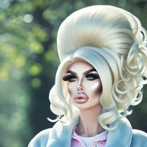 Prompt: Photorealistic, 8k, Feminine attractive spoiled bratty woman, she is completely fake and has been upgraded, plump pouty oversized lips, duck lips, Chiseled jawline, huge platinum blonde bouffant hairstyle with beehive bun and long extensions,  extremely heavy chav makeup style, she is walking,