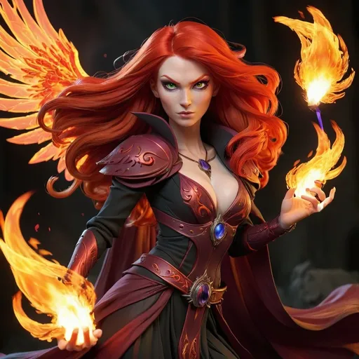 Prompt: Red headed 
Sorceress with flaming wings and flaming hair