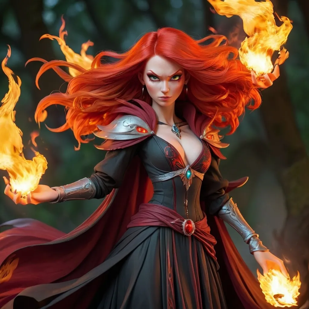 Prompt: Red headed 
Sorceress with flaming wings and flaming hair