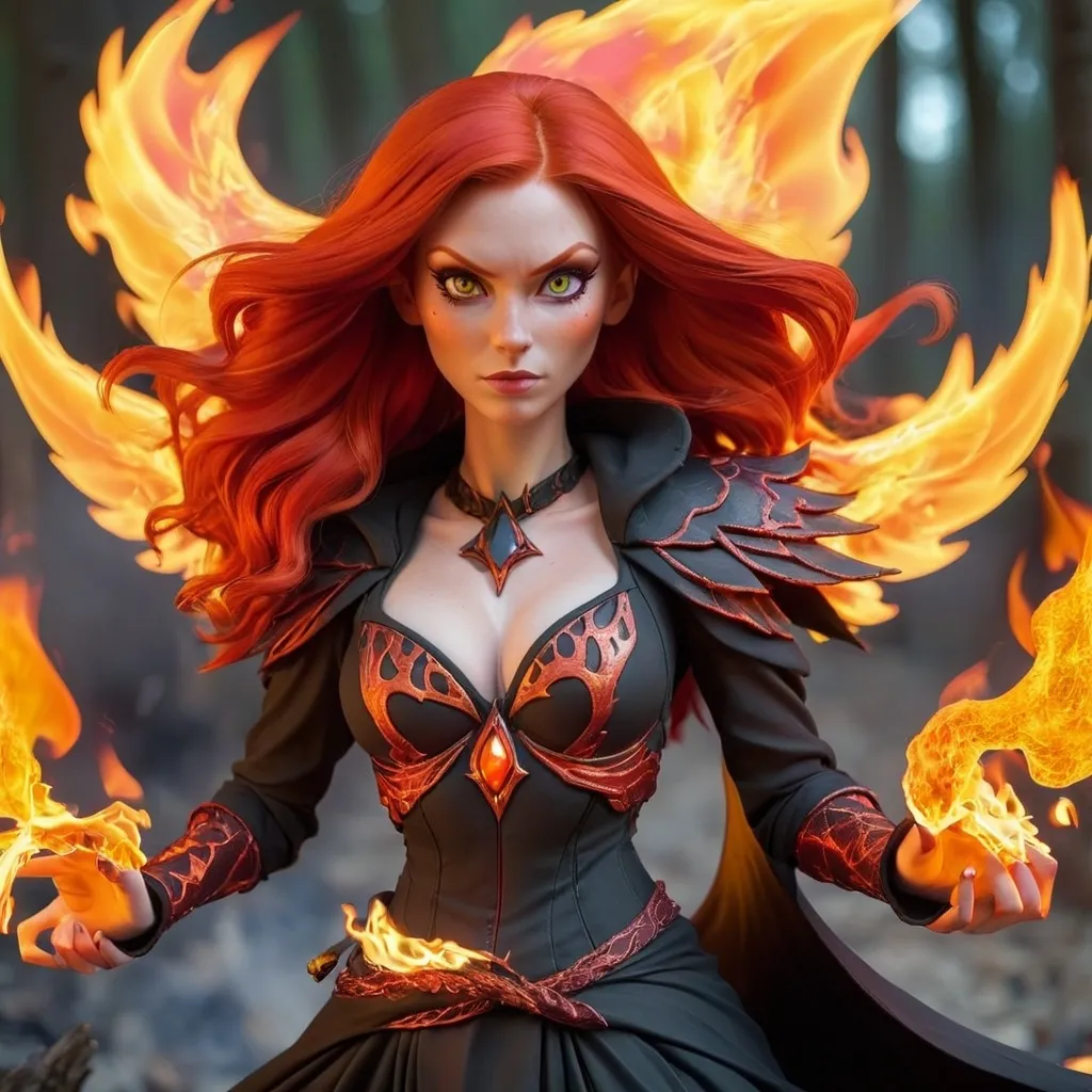 Prompt: red headed fire witch with flaming wings