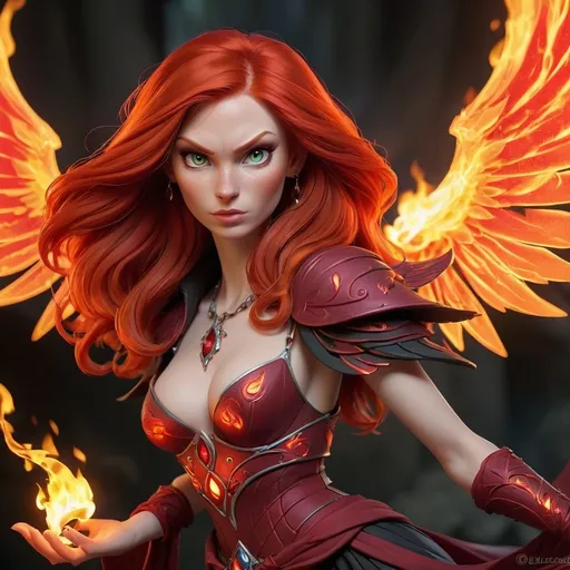 Prompt: Red headed 
Sorceress with flaming wings