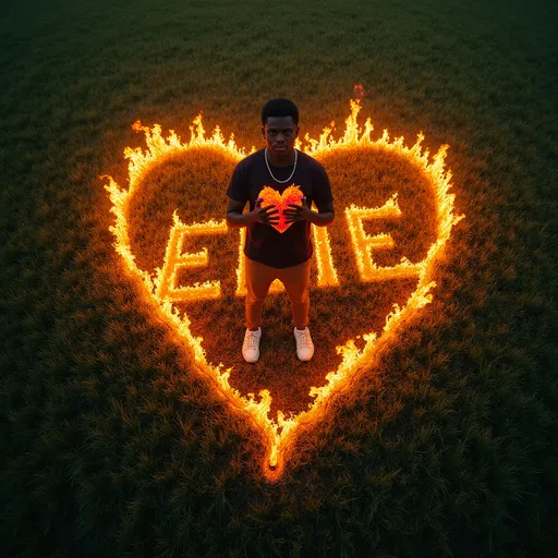 Prompt: An overhead view of a African American holding his heart surrounded by fire on a field with the name “EDIE” embedded in the grass of the field