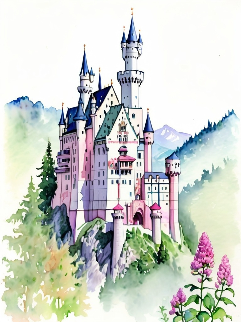 Prompt: a drawing of neuschwanstein castle with trees and flowers around, Florence Engelbach, fantasy art, watercolor, a watercolor painting, main theme pink, purple, green