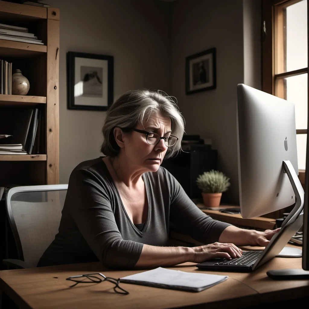 Prompt: Create an image of a middle aged woman sitting at her computer struggling to build a web page. She is in her office at home sitting a an old wooden desk and the sombre mood is created by a couple of table lams in the room