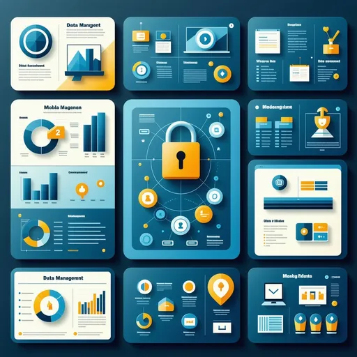 Prompt: creative concept for data management policy, (innovative design), infographic style, clear layout, vibrant colors, engaging visuals, organized elements, (high-quality), informative graphics, professional, modern aesthetic, business-oriented, (user-friendly), symbolizing data security and organization, cohesive theme, 4K resolution, detailed representations of key data management concepts.