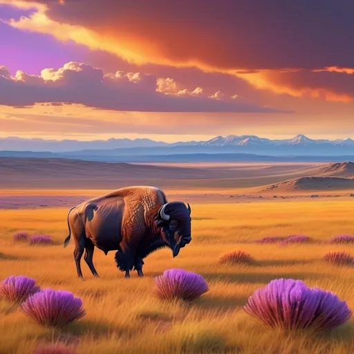 Prompt: (buffalo on open range), vast open landscape, golden grasslands swaying in the wind, dramatic sky with vibrant hues of orange and purple during sunset, serene atmosphere, scattered wildflowers, high detail, ultra-detailed, 4K resolution, emphasizes the majesty of nature and wildlife tranquility.