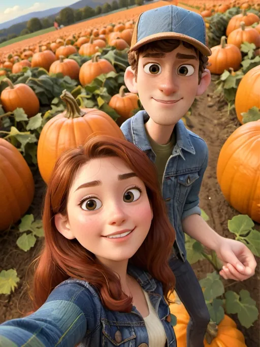 Prompt: Disney-style selfie illustration of a girlfriend and a boyfriend in a pumpkin patch. The boyfriend is taller with medium length brown curly hair and a flat brim baseball cap and a flannel shirt and the girlfriend is shorter with long brown hair and she is wearing a jean jacket and natural makeup