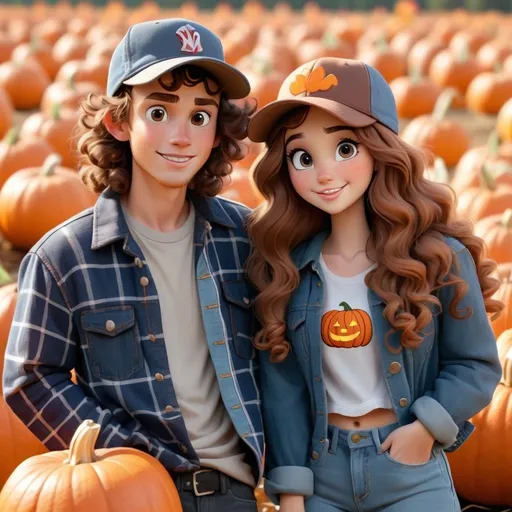 Prompt: Disney style boyfriend and girlfriend at a pumpkin patch. The boyfriend has long brown curly hair and a baseball hat wearing a flannel shirt. The girlfriend has long dark brown hair and she has a jean jacket on