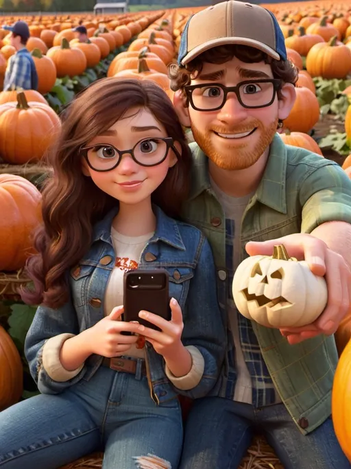 Prompt: A selfie Disney-style illustration of a girlfriend with long dark brown hair and wearing only a jean jacket no sunglasses and boyfriend who has longer brown curly brown curly hair and a baseball hat and sunglasses and wearing a flannel shirt and behind them is a pumpkin patch