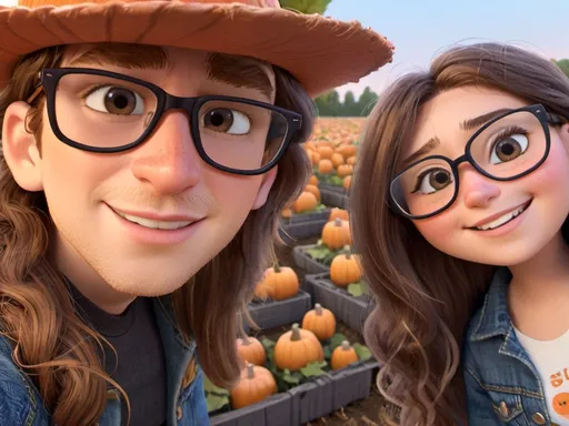 Prompt: Selfie style disney inspired illustration of a boyfriend and girlfriend in a pumpkin patch. The girlfriend has long dark brown hair and wearing a jean jacket and the boyfriend has longer brown curly hair and wearing a flat brim baseball hat and a flannel shirt and sun glasses