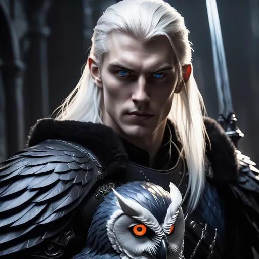 Prompt: A young tall man (with fair skin), intense gaze, long white icy straight hair, has scar across eye , (chiseled jaw), (deep  blue eyes), (pointed ears), wearing black ice armor with a white owl perched on his shoulder ambient light casting a regal glow, high quality, ultra-detailed, fantasy, realistic atmosphere, holding a sword 