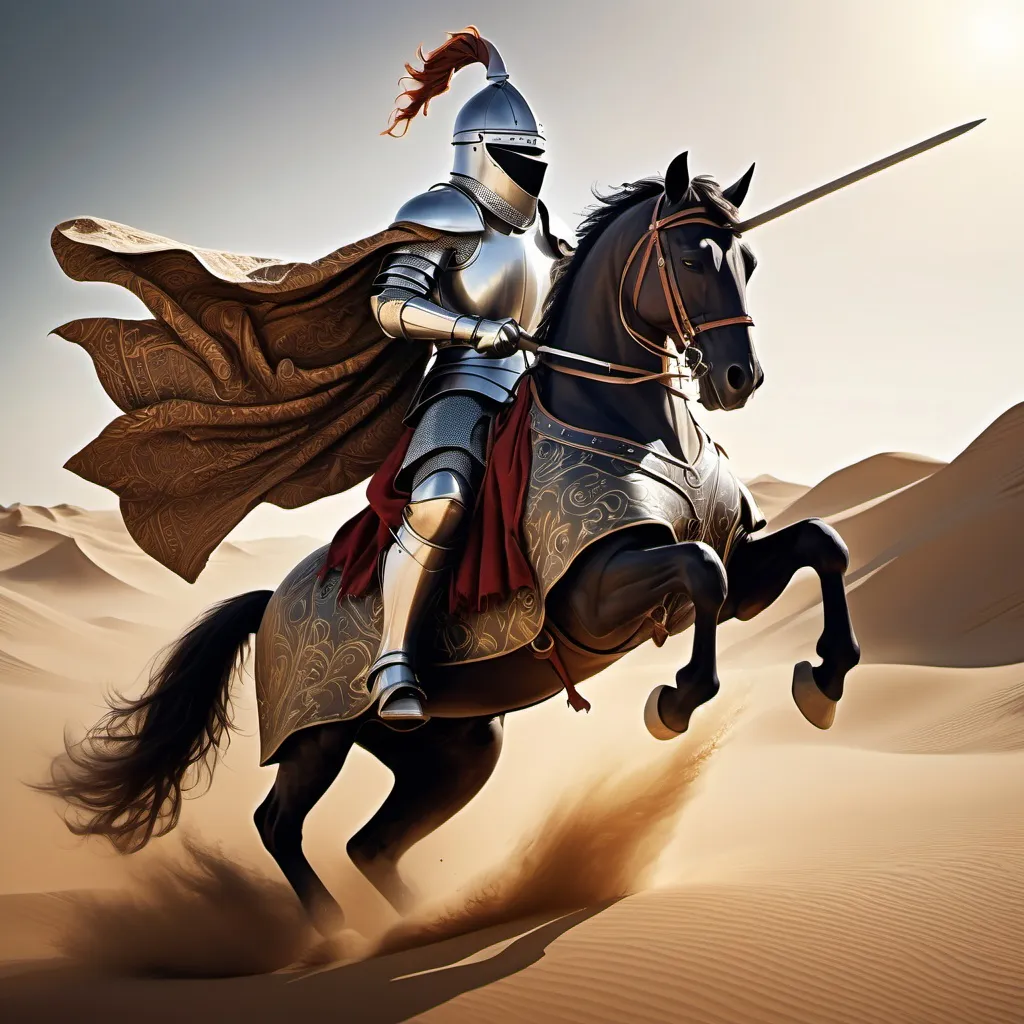 Prompt: Create in a mystical and realistic image
Central Figure:
Draw the Central Figure:

A knight in armor riding a rearing horse.

Ensure the figure appears in motion, charging forward with determination.

Add Symbolic Elements:

A wooden wand held by the knight.

Traditional armor adorned with patterns or symbols of fire.

A flowing cloak and a decorated helmet.

Incorporate Background Elements:

A desert landscape with sandy terrain.

Distant mountains or hills.

Apply the Color Scheme:

Use dynamic reds, oranges, and yellows for the central figure.

Earthy tones for the background