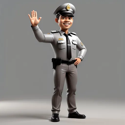 Prompt: realistic 4d caricature of indonesian handsome traffic police officer man aged 28 years old nice body wear a grey uniform longsleves don't wear a tie and dark chocolate pants hands up pose, full body